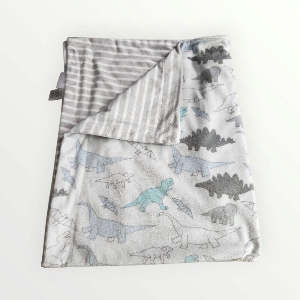 LILA & JACK White Grey Dinosaurs Tex-Rex Triceratops Baby Blanket Reversible